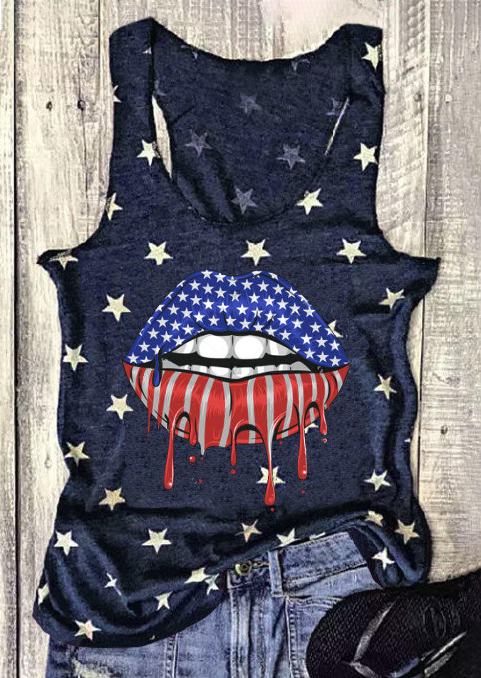 

American Flag Star Lips Racerback Tank - Navy Blue, SCM001312