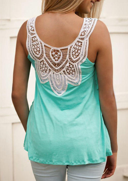 

Lace Splicing O-Neck Tank - Cyan, Blue, SCM001313