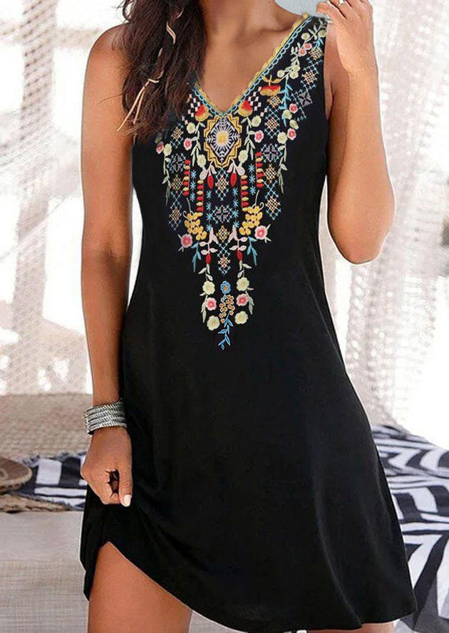 

Bohemian Floral Sleeveless Mini Dress - Black, 534084