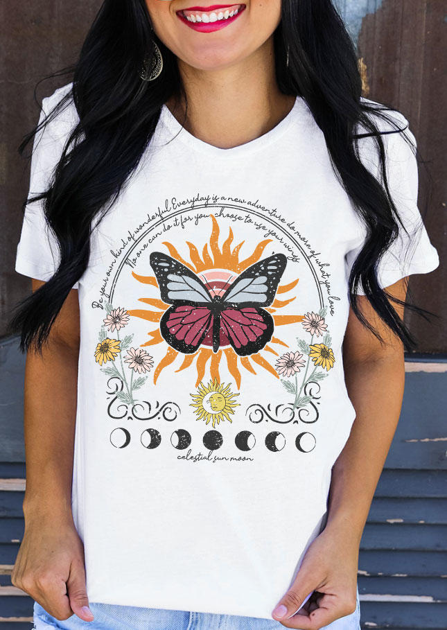 

Butterfly Celesyial Sun Moon Retro T-Shirt Tee - White, 534240