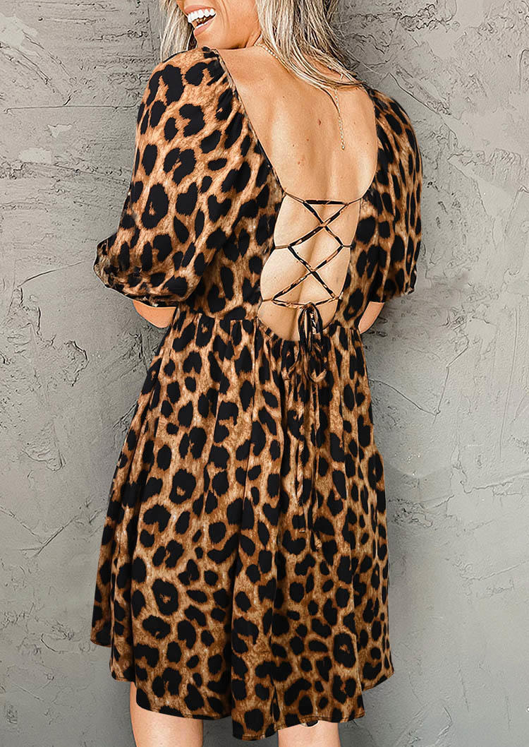 Leopard Lace Up Puff Sleeve Mini Dress