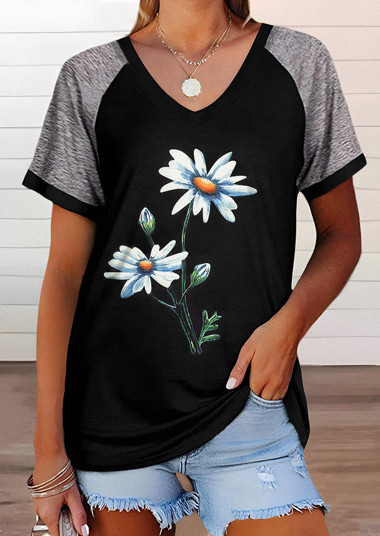 

Daisy Short Sleeve V-Neck T-Shirt Tee - Black, 534296