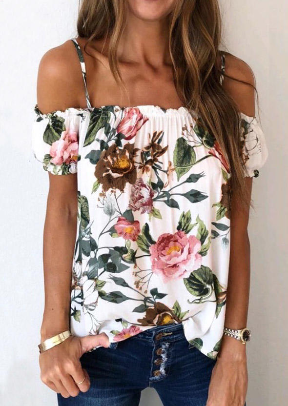 

Floral Ruffled Cold Shoulder Spaghetti Strap Blouse, Multicolor, 534326