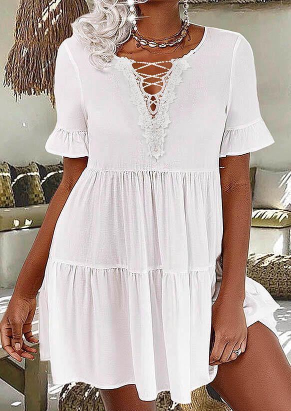 

Lace Splicing Ruffled Mini Dress - White, 534356
