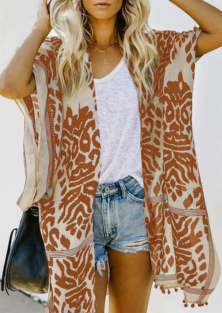 

Bohemian Pom Pom Short Sleeve Open Front Cardigan - Orange, 534418