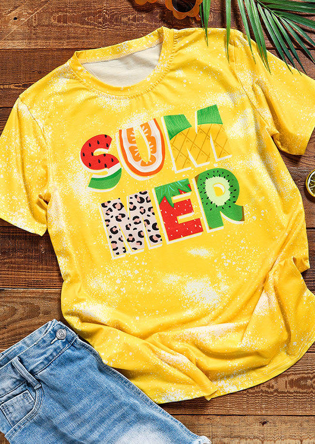 

Summer Leopard Fruit Tie Dye T-Shirt Tee - Light Yellow, SCM001241