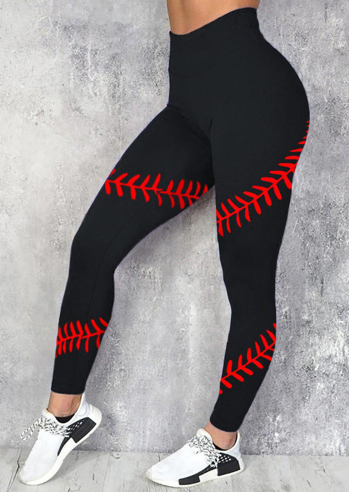 Baseball Elastic Waist Leggings - Black