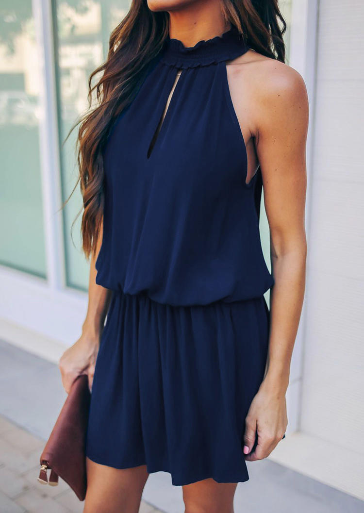 Ruffled Keyhole Neck Sleeveless Mini Dress - Deep Blue