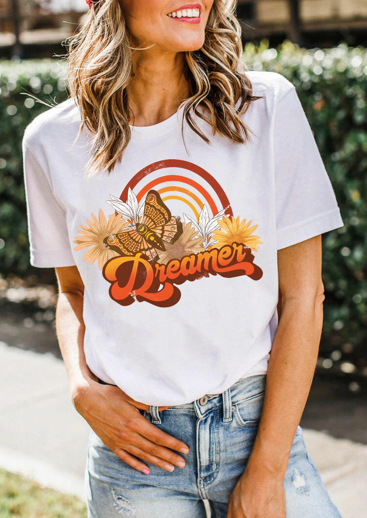

Dreamer Butterfly Sunflower Rainbow T-Shirt Tee - White, 532778