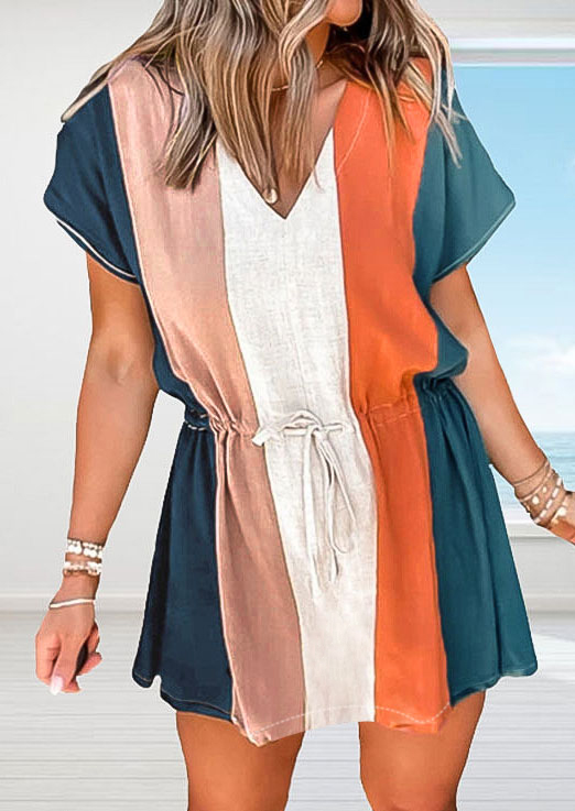 

Color Block Striped Drawstring V-Neck Mini Dress, Multicolor, 532850