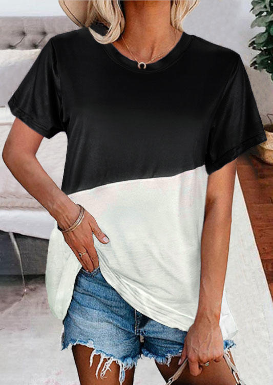 

Color Block Short Sleeve Blouse - Black, 533956