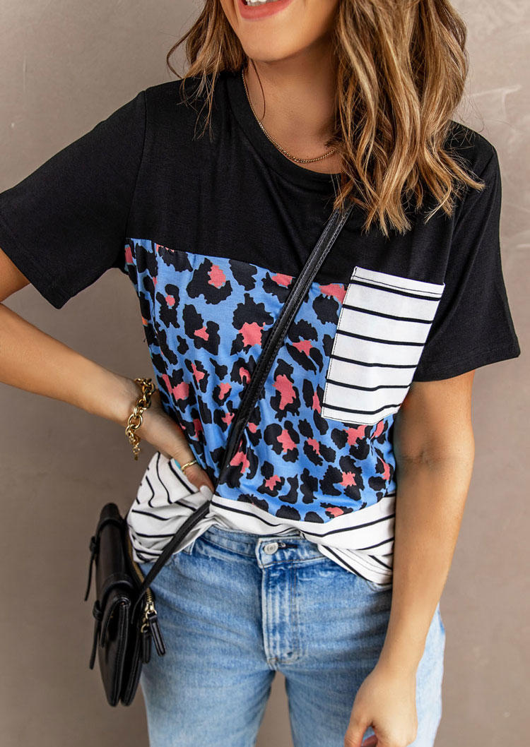 

Leopard Striped Pocket O-Neck Blouse - Black, 534214
