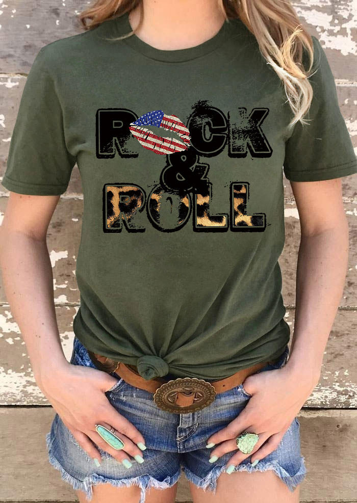 

Rock & Roll American Flag Lips Leopard T-Shirt Tee - Army Green, 534250