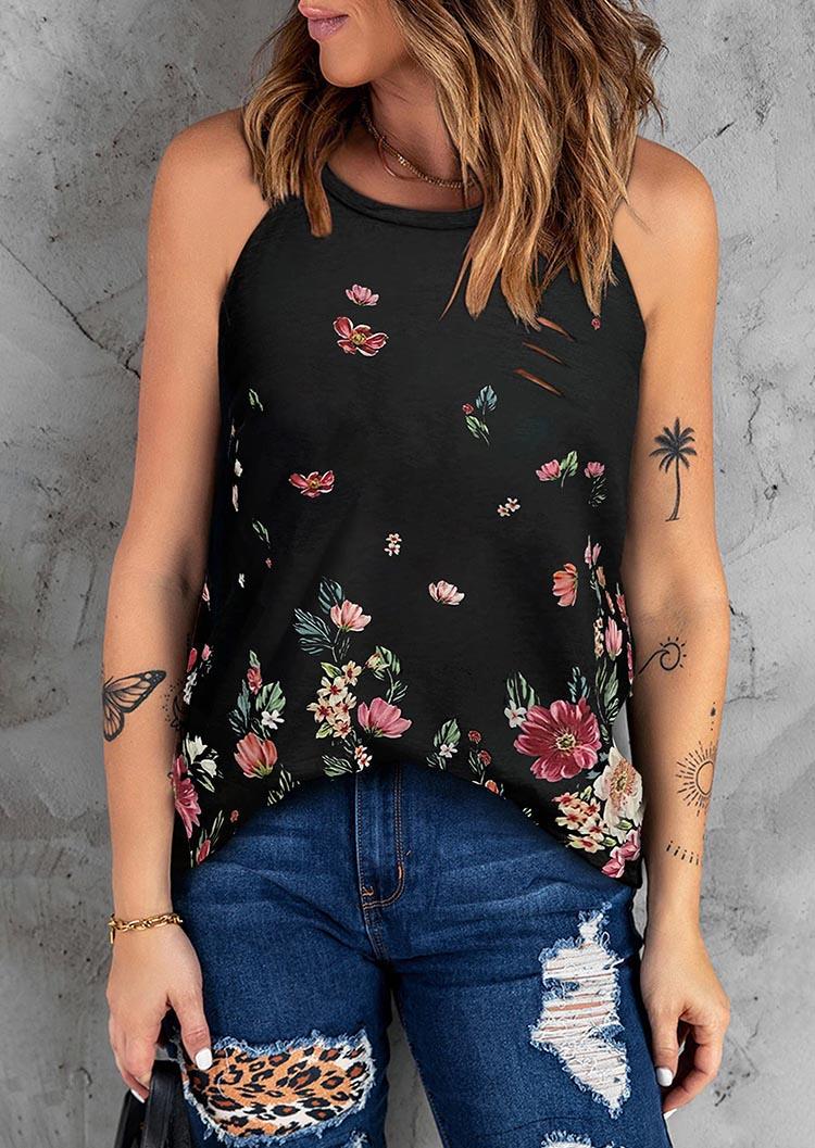 

Floral Cut Out O-Neck Casual Camisole - Black, 534371
