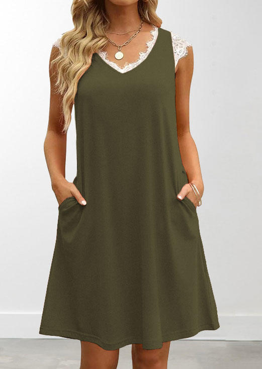 

Lace Splicing Pocket V-Neck Mini Dress - Army Green, 534438
