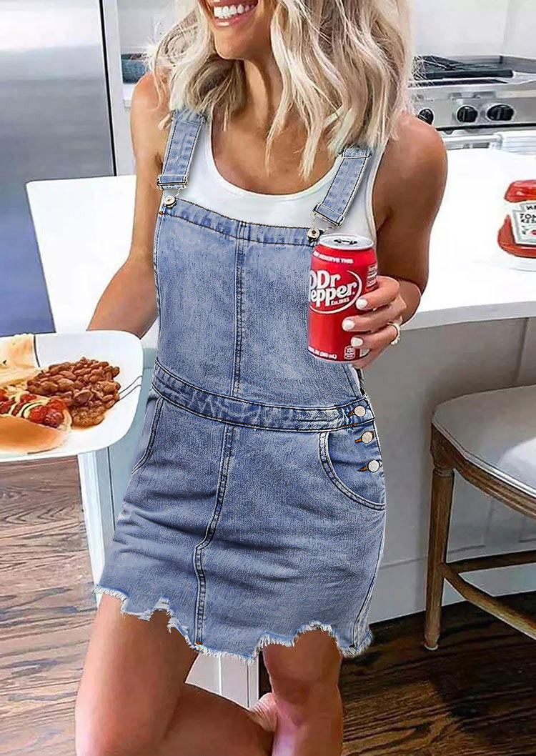

Frayed Hem Pocket Denim Overall Mini Dress - Light Blue, SCM000620