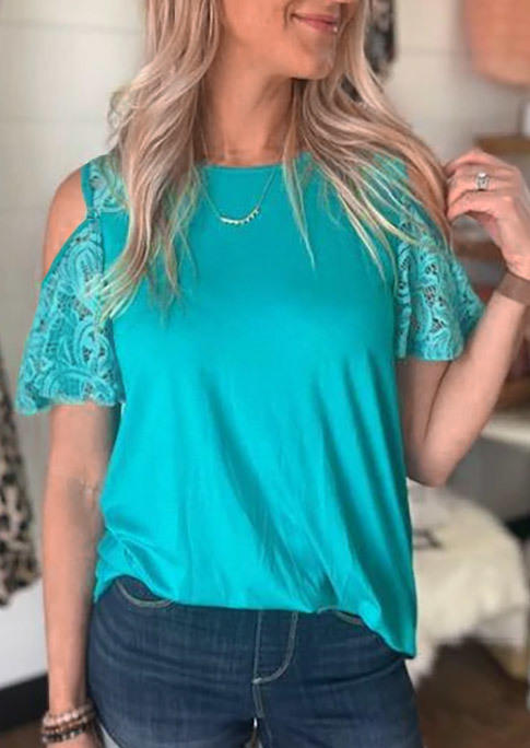 

Lace Splicing Cold Shoulder Blouse - Lake Blue, SCM001243
