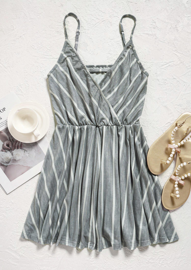 Striped Hollow Out Wrap Spaghetti Strap Mini Dress - Light Grey