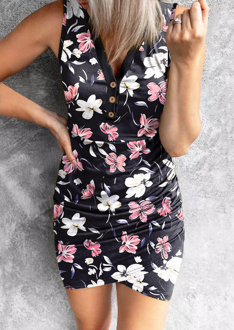 

Floral Ruched Button Bodycon Dress, Multicolor, SCM001277