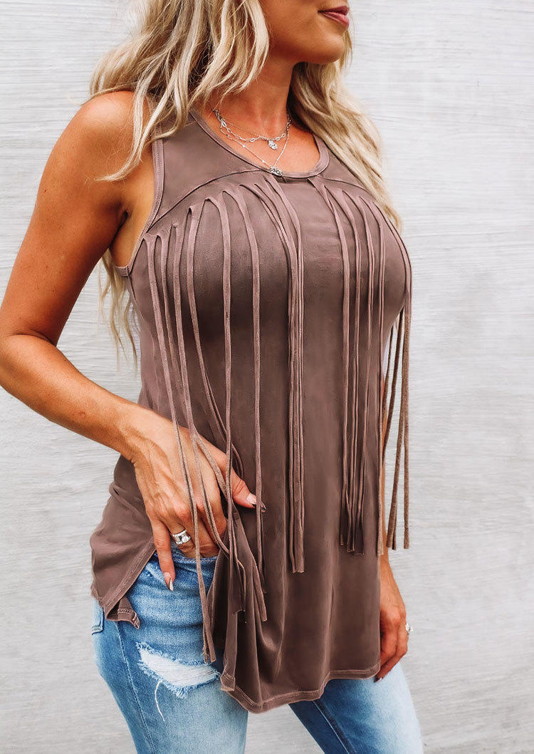 

Tassel O-Neck Casual Tank - Brown, SCM001325