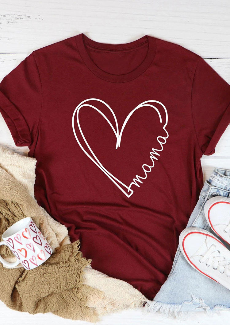 

Mama Heart O-Neck T-Shirt Tee - Burgundy, 534318