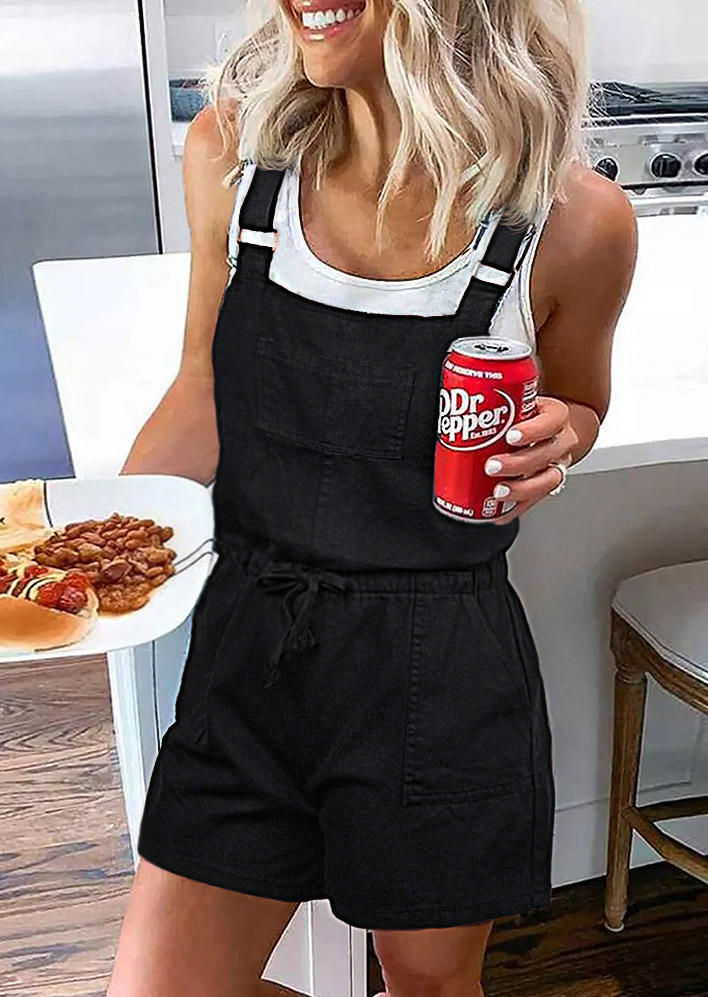 

Pocket Drawstring Denim Overall Romper - Black, 534373