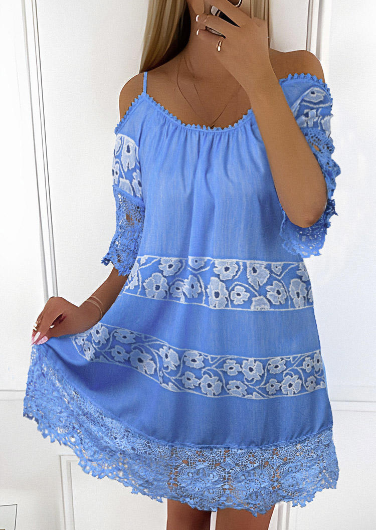 

Lace Spaghetti Strap Cold Shoulder Mini Dress - Blue, 534467