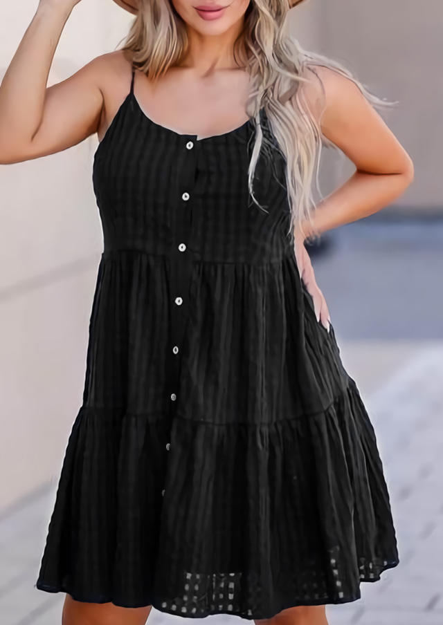 

Button Ruffled Spaghetti Strap Mini Dress - Black, 534477