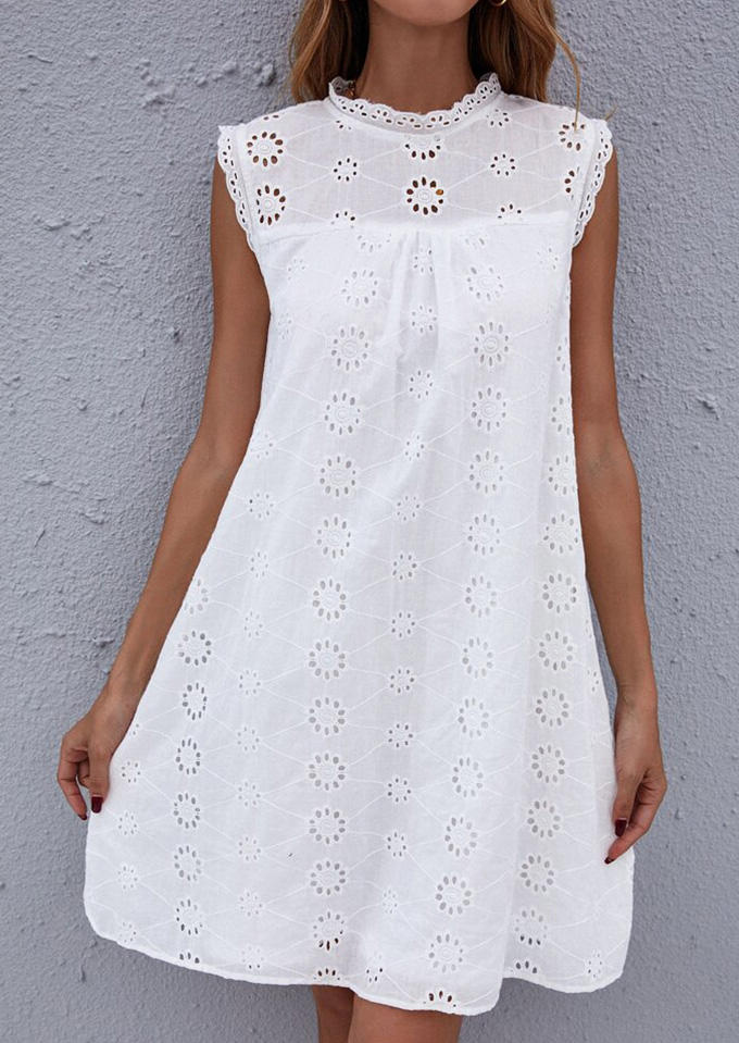 

Floral Hollow Out Button Mini Dress - White, 534537
