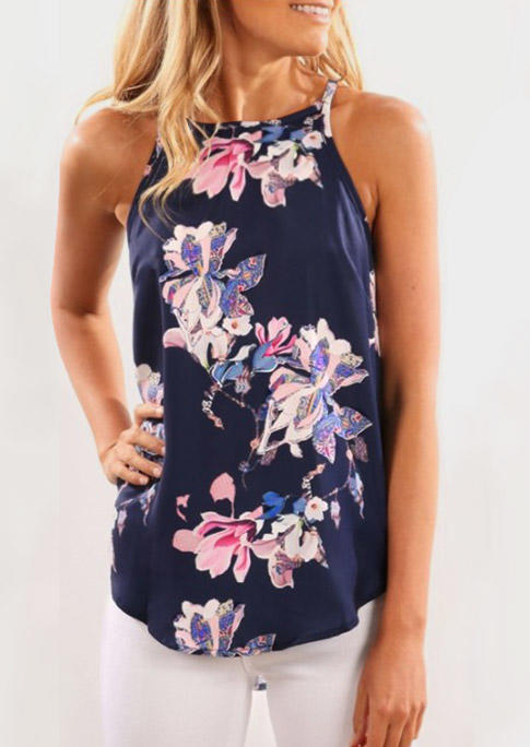 Floral Spaghetti Strap Casual Tank - Navy Blue