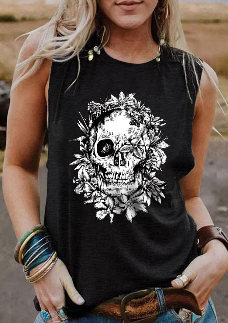 

Floral Skull O-Neck Tank - Black, 533053