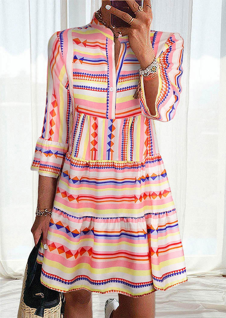 

Geometric Button Ruffled Mini Dress, Multicolor, 534334