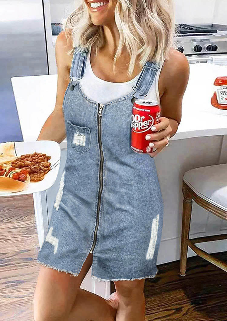 

Zipper Frayed Pocket Denim Overall Mini Dress - Light Blue, 534392