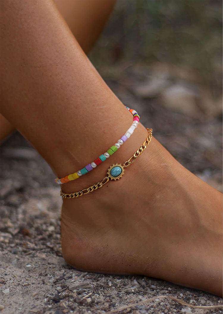 

2Pcs Turquoise Colorful Beading Anklet Set, Gold, 534585