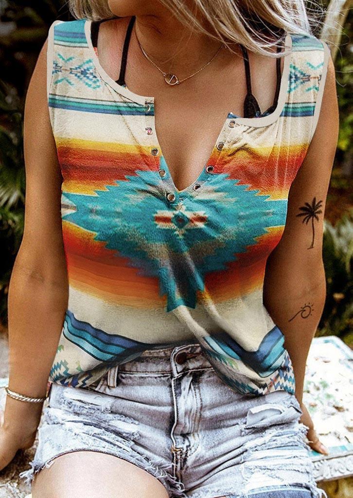 

Aztec Geometric Notched Neck Tank, Multicolor, 534606