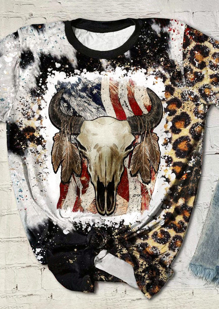 American Flag Steer Skull Feather Leopard T-Shirt Tee
