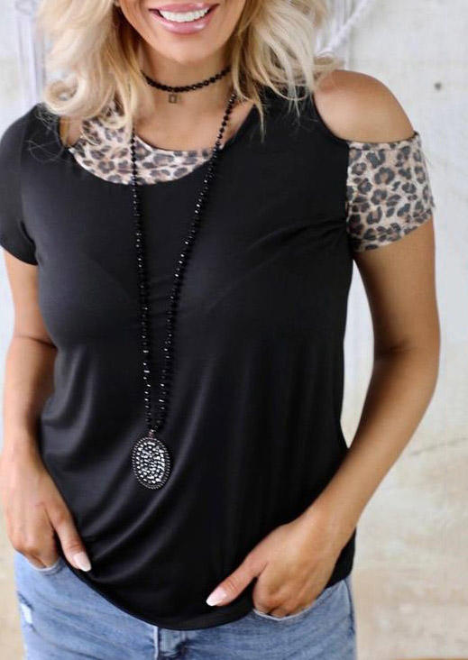 

Leopard Hollow Out One Sided Cold Shoulder Blouse - Black, 534727