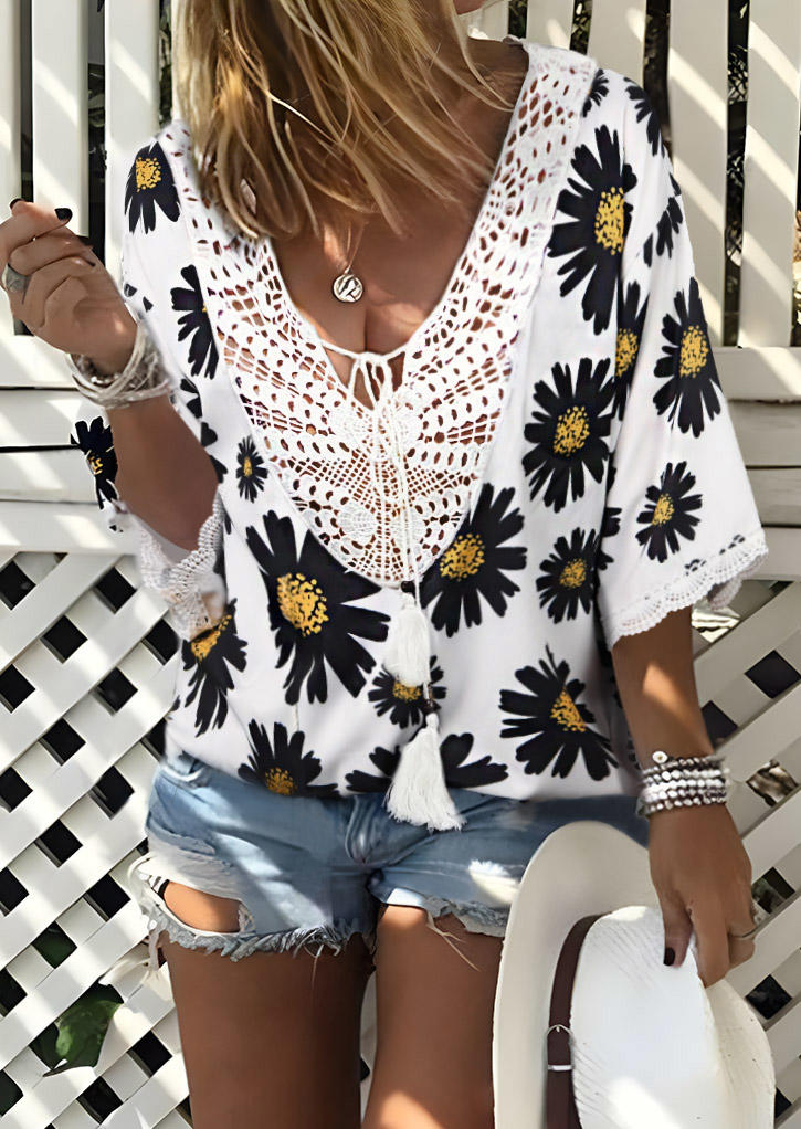 Floral Lace Tie Tassel Blouse - White, 534374