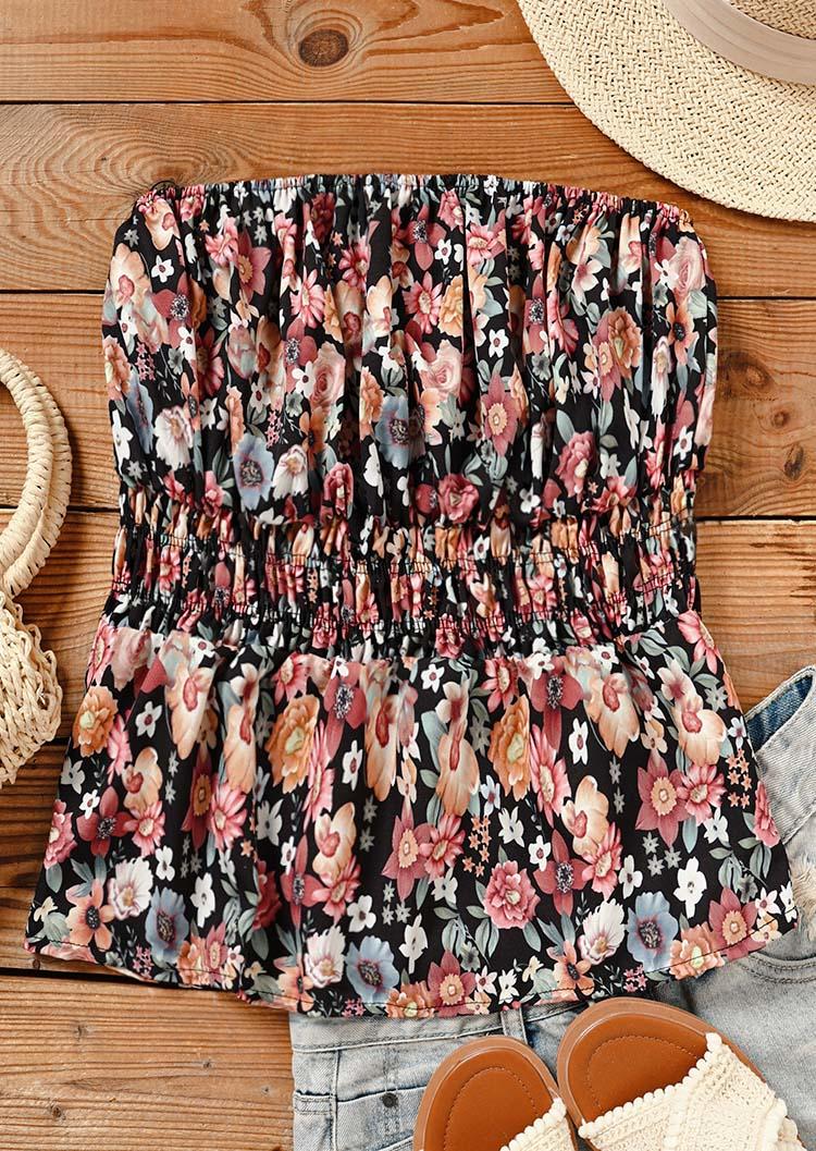 Floral Smocked Ruffled Strapless Bandeau Tank