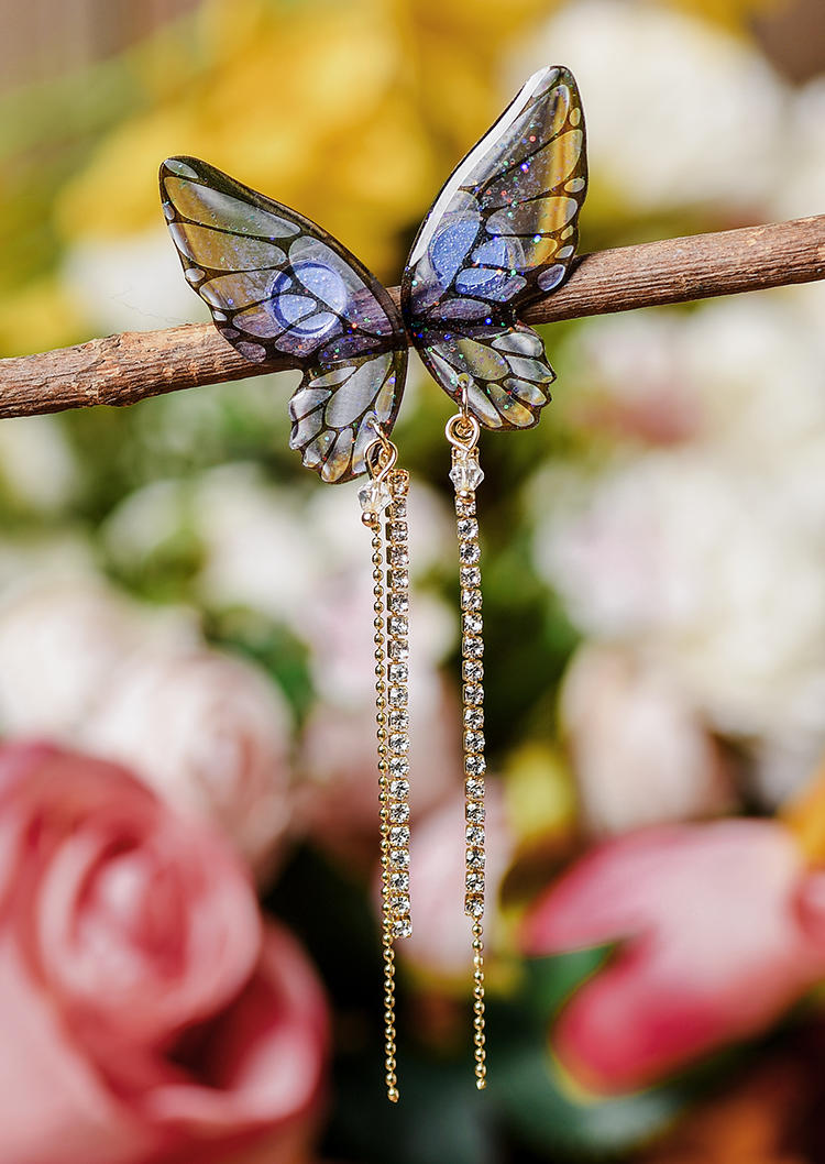 

Butterfly Tassel Rhinestone Earrings, Blue, 534658