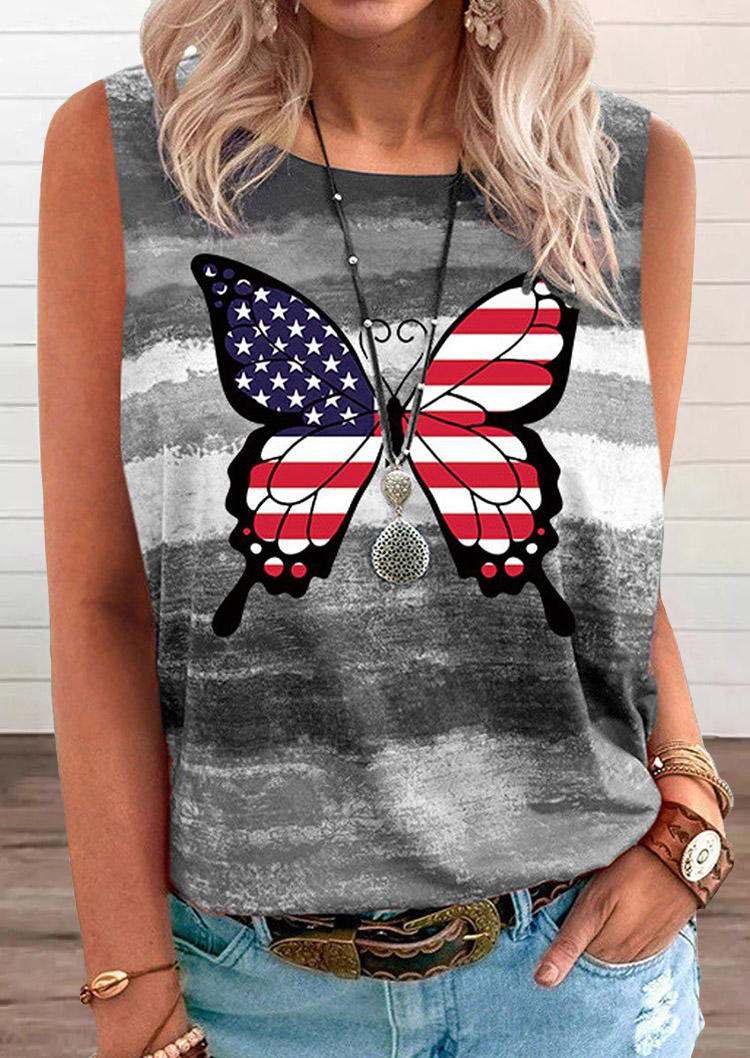 

American Flag Butterfly O-Neck Tank - Gray, 534664
