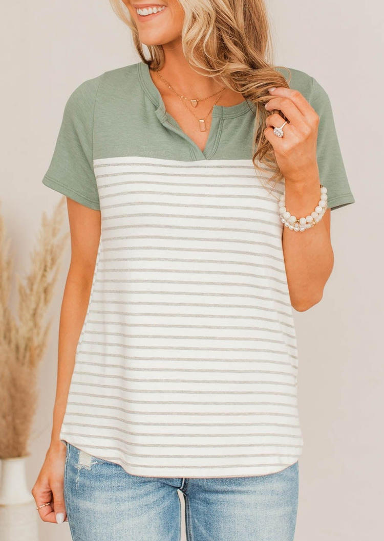 

Striped Notched Neck Short Sleeve Blouse - Green, 534670