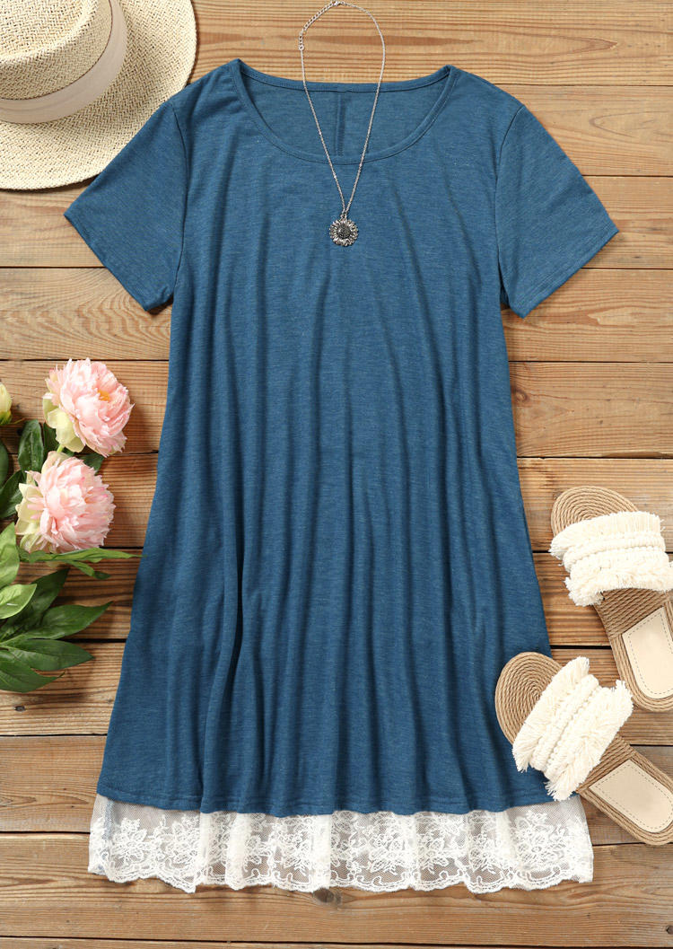 Lace Splicing Pocket Mini Dress - Blue