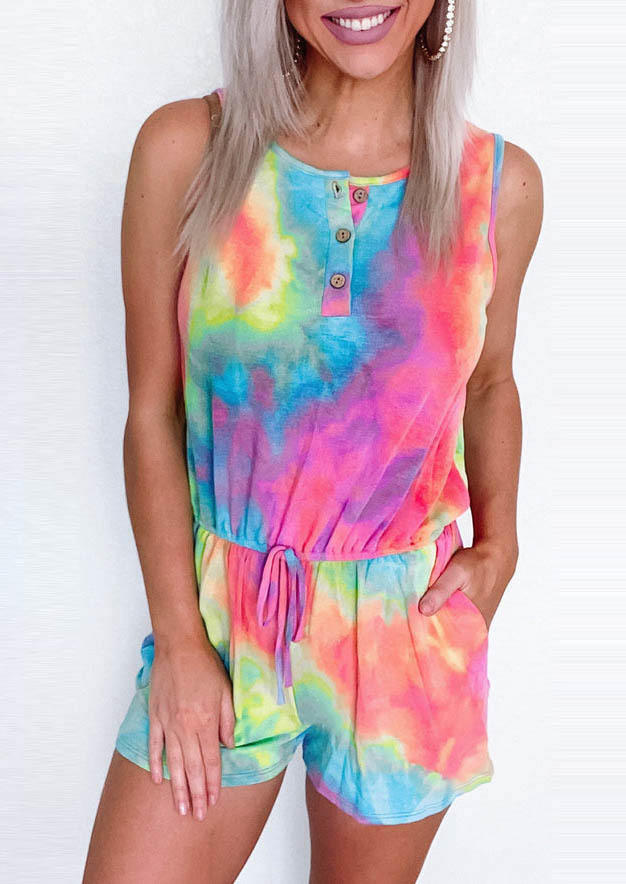

Tie Dye Button Pocket Sleeveless Romper, Multicolor, SCM001264