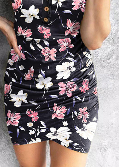 Floral Ruched Button Bodycon Dress
