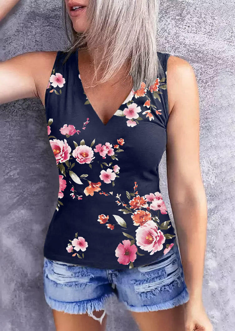 

Floral V-Neck Casual Tank - Deep Blue, SCM001371