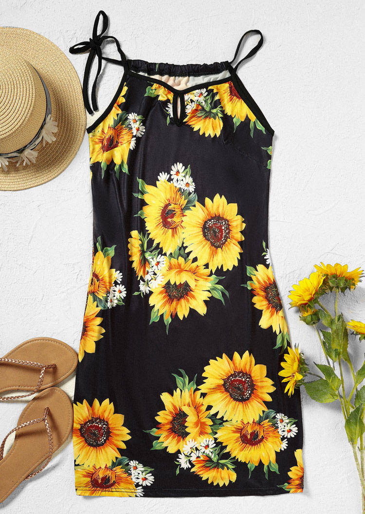 Sunflower Daisy Hollow Out Tie Spaghetti Strap Mini Dress - Black