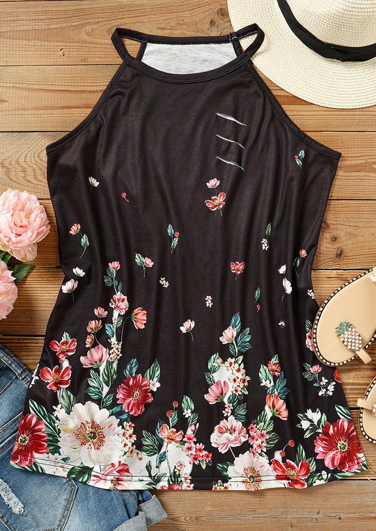 Floral Cut Out O-Neck Casual Camisole - Black