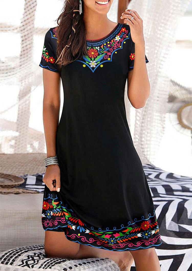 

Vintage Floral Short Sleeve Mini Dress - Black, 534665