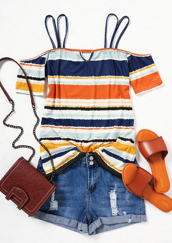 Colorful Striped Hollow Out Cold Shoulder Blouse